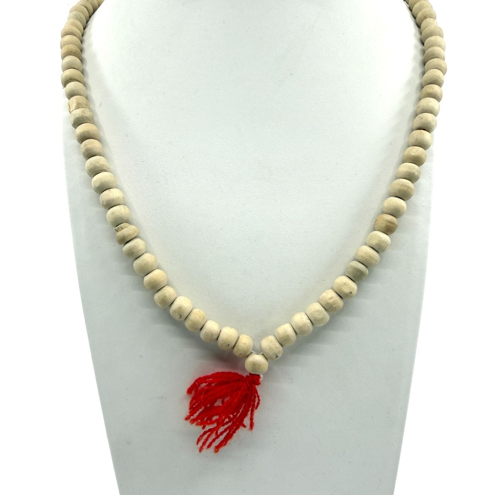 Boho Natural Wooden Bead Necklace with Red Tassel - Spiritual Mala Jewelry